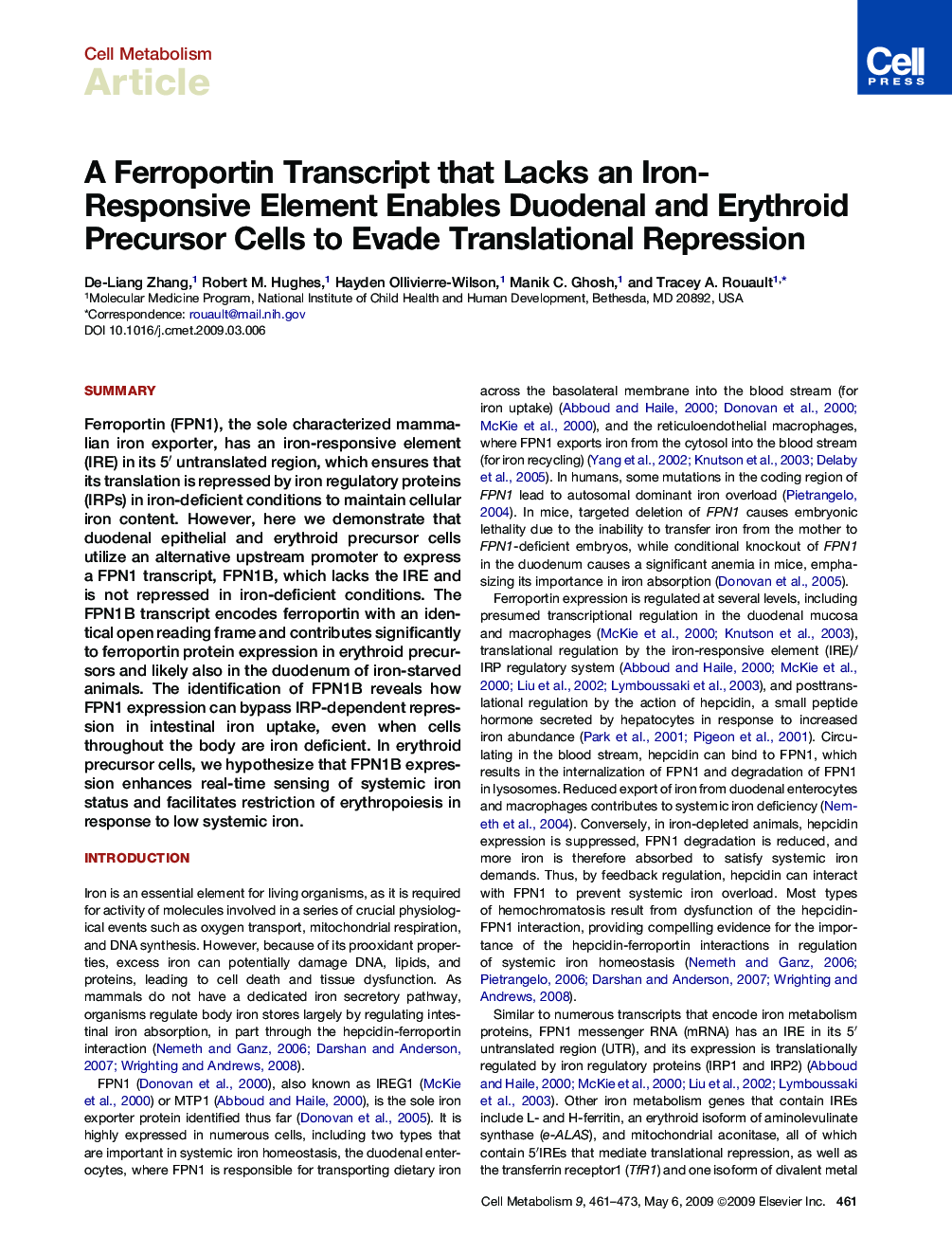عکس صفحه اول مقاله: A Ferroportin Transcript that Lacks an Iron-Responsive Element Enables Duodenal and Erythroid Precursor Cells to Evade Translational Repression A Ferroportin Transcript that Lacks an Iron-Responsive Element Enables Duodenal and Erythroid Precursor Cells to Evade Translational Repression