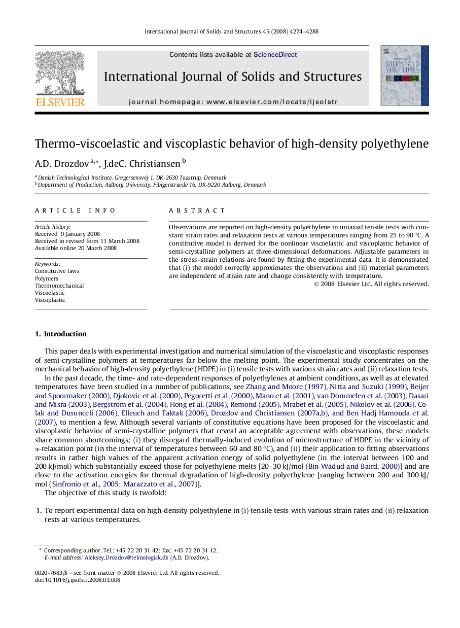 Thermo-viscoelastic and viscoplastic behavior of high-density polyethylene