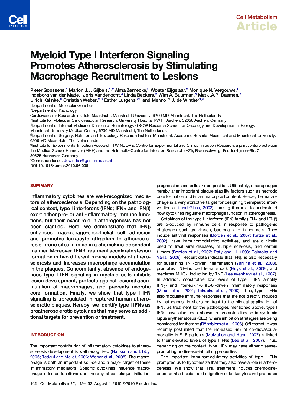 Myeloid Type I Interferon Signaling Promotes Atherosclerosis by Stimulating Macrophage Recruitment to Lesions