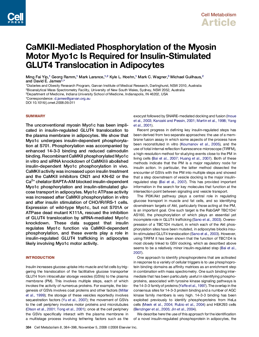 CaMKII-Mediated Phosphorylation of the Myosin Motor Myo1c Is Required for Insulin-Stimulated GLUT4 Translocation in Adipocytes