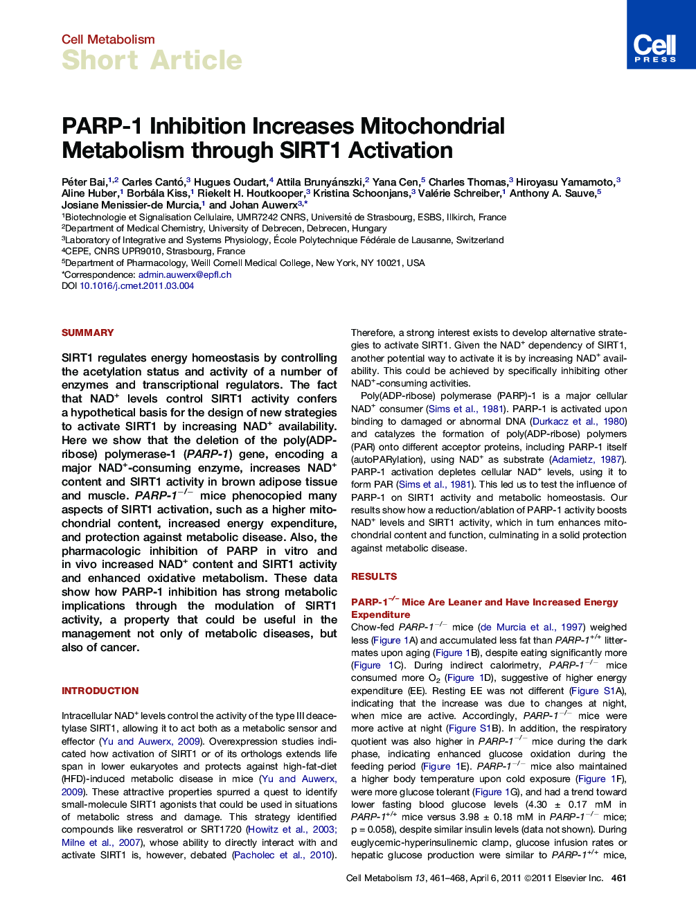 عکس صفحه اول مقاله: PARP-1 Inhibition Increases Mitochondrial Metabolism through SIRT1 Activation PARP-1 Inhibition Increases Mitochondrial Metabolism through SIRT1 Activation
