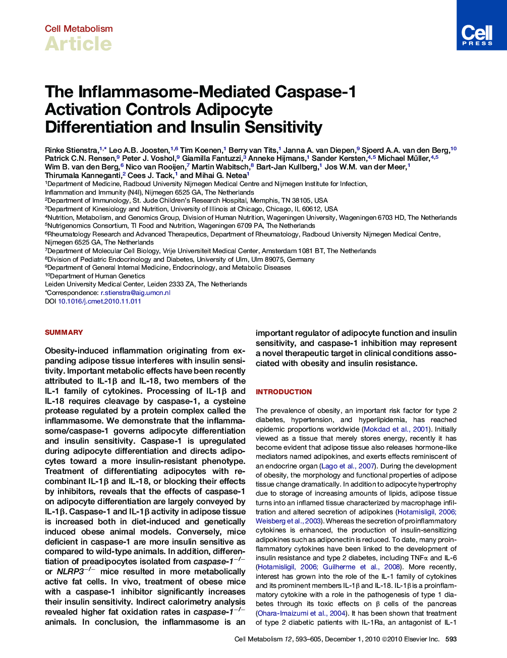 The Inflammasome-Mediated Caspase-1 Activation Controls Adipocyte Differentiation and Insulin Sensitivity