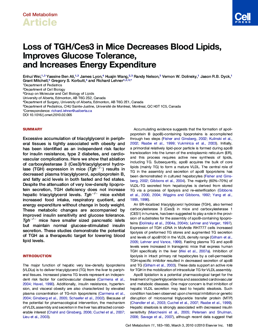 Loss of TGH/Ces3 in Mice Decreases Blood Lipids, Improves Glucose Tolerance, and Increases Energy Expenditure