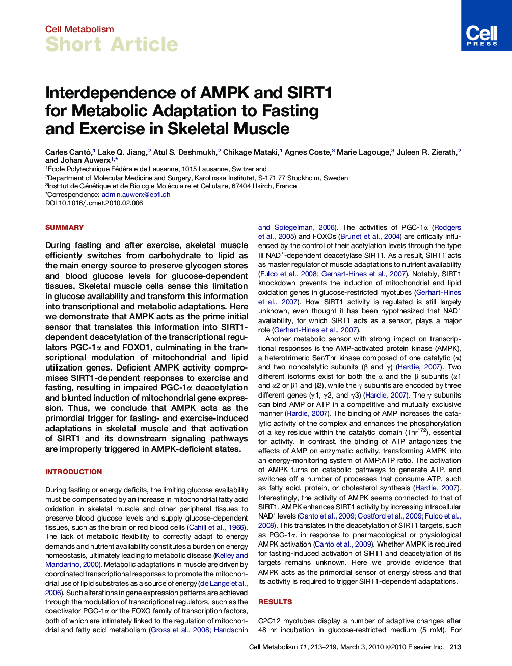 عکس صفحه اول مقاله: Interdependence of AMPK and SIRT1 for Metabolic Adaptation to Fasting and Exercise in Skeletal Muscle Interdependence of AMPK and SIRT1 for Metabolic Adaptation to Fasting and Exercise in Skeletal Muscle