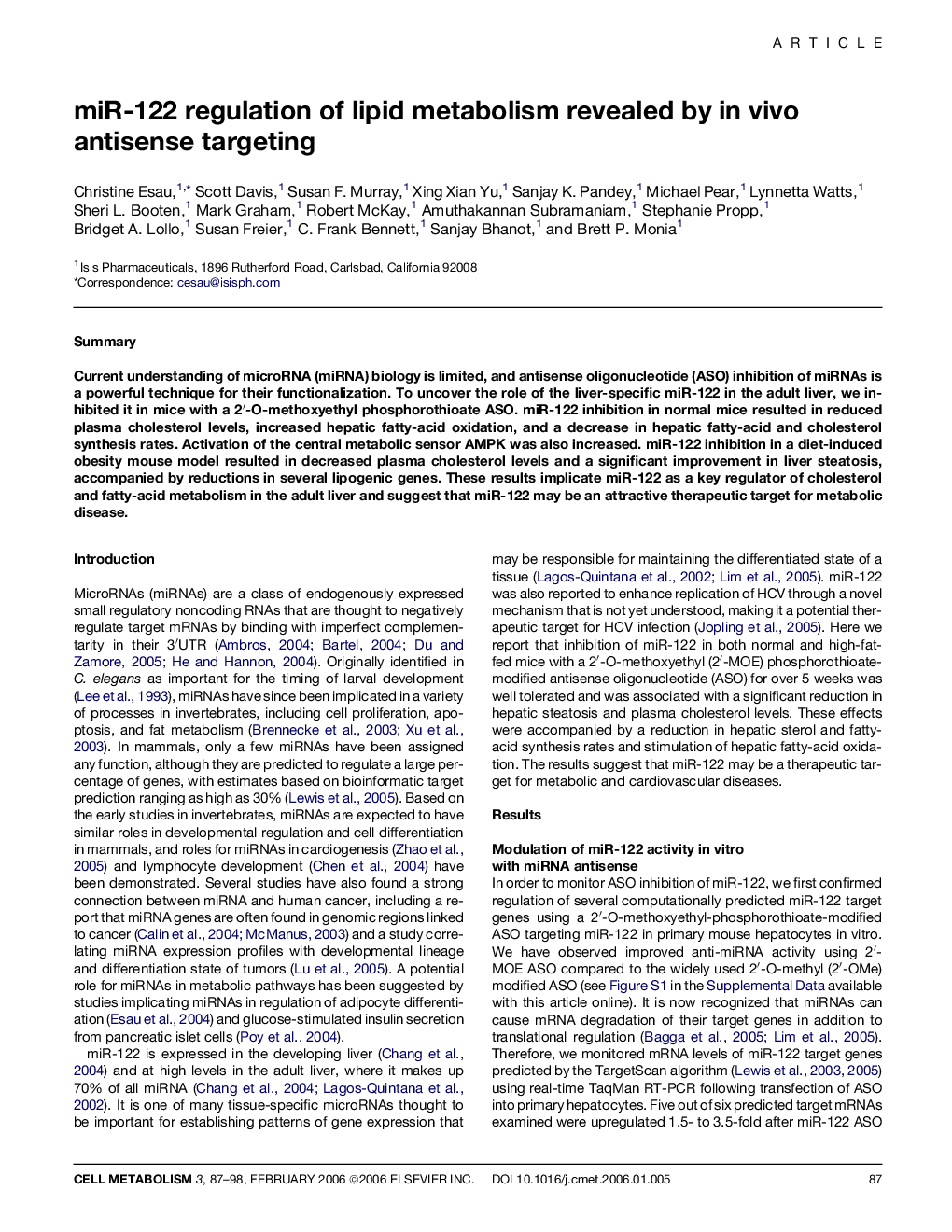 miR-122 regulation of lipid metabolism revealed by in vivo antisense targeting