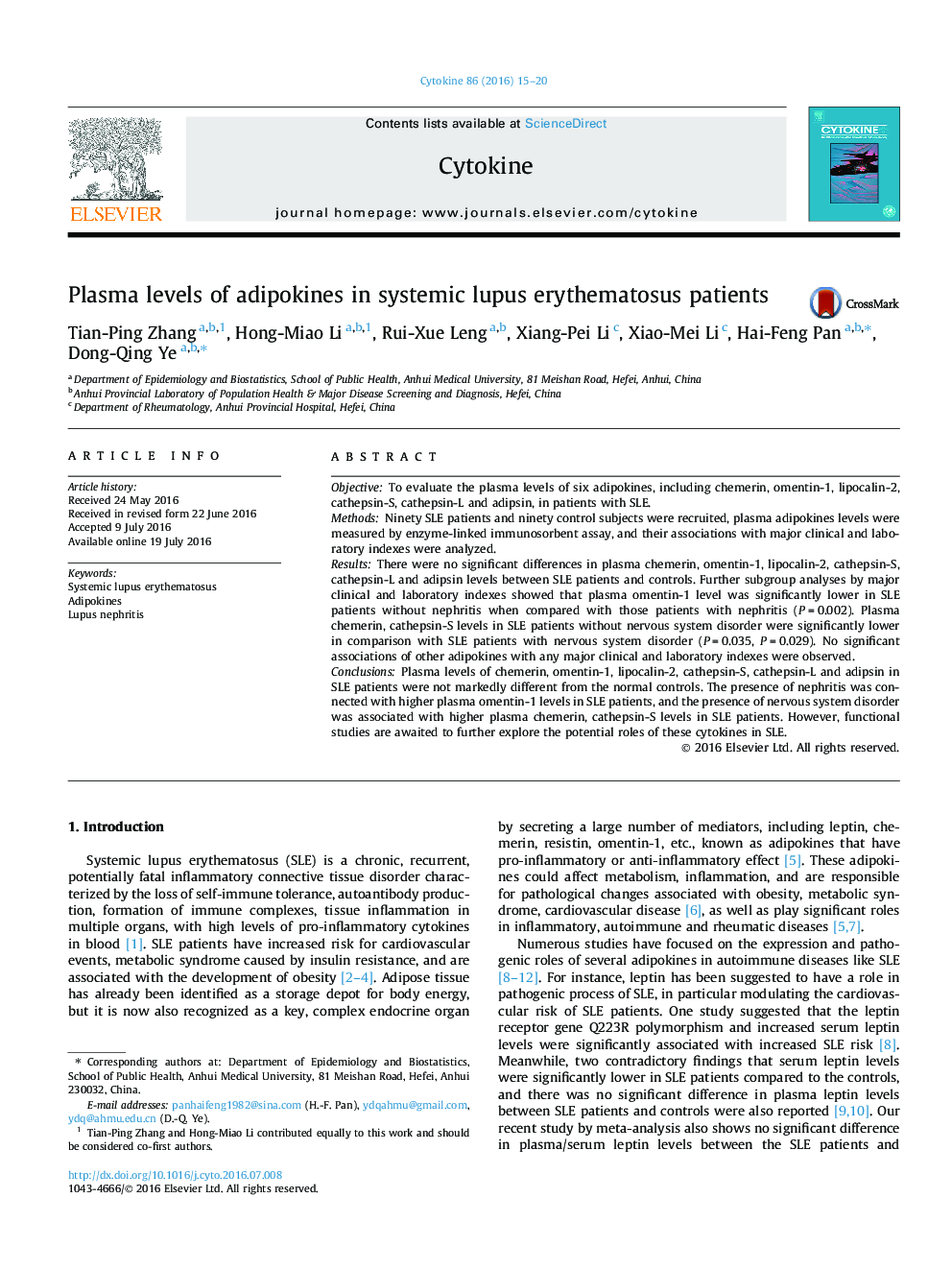 Plasma levels of adipokines in systemic lupus erythematosus patients
