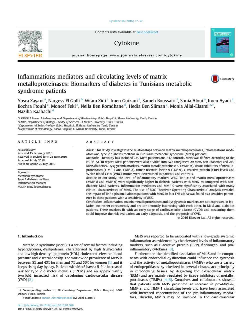 Inflammations mediators and circulating levels of matrix metalloproteinases: Biomarkers of diabetes in Tunisians metabolic syndrome patients