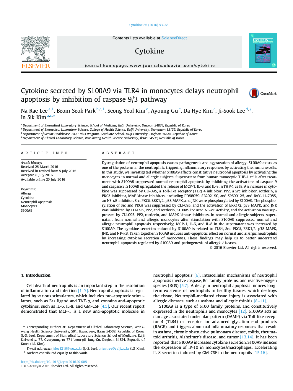 Cytokine secreted by S100A9 via TLR4 in monocytes delays neutrophil apoptosis by inhibition of caspase 9/3 pathway