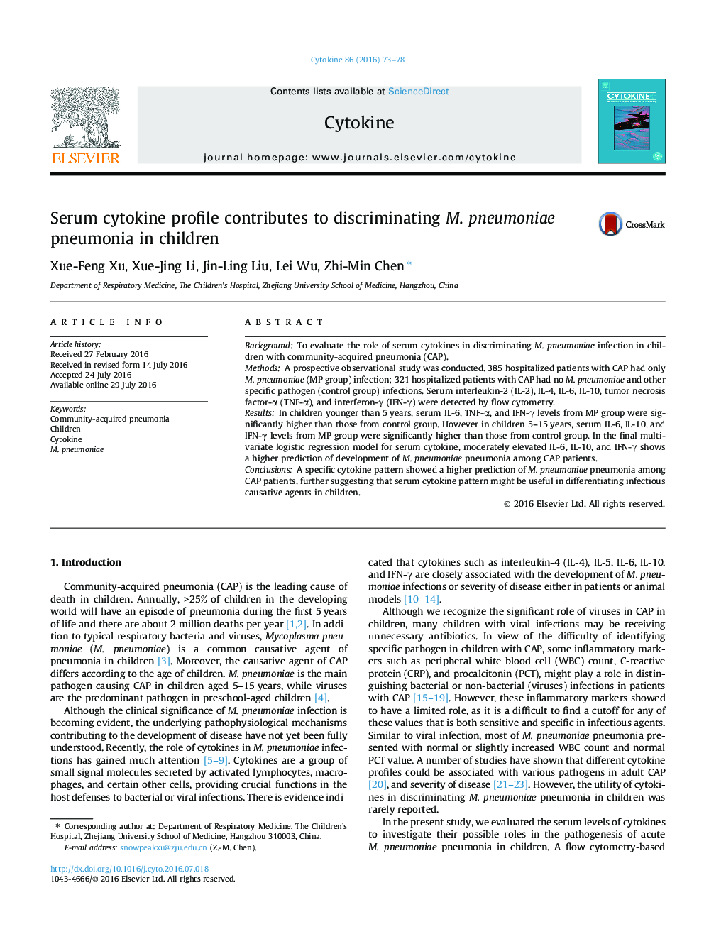 Serum cytokine profile contributes to discriminating M. pneumoniae pneumonia in children