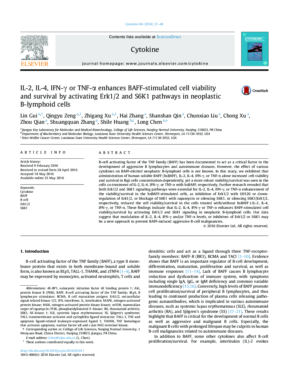 IL-2, IL-4, IFN-γ or TNF-α enhances BAFF-stimulated cell viability and survival by activating Erk1/2 and S6K1 pathways in neoplastic B-lymphoid cells