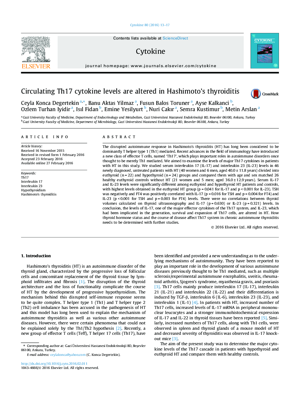 Circulating Th17 cytokine levels are altered in Hashimoto’s thyroiditis