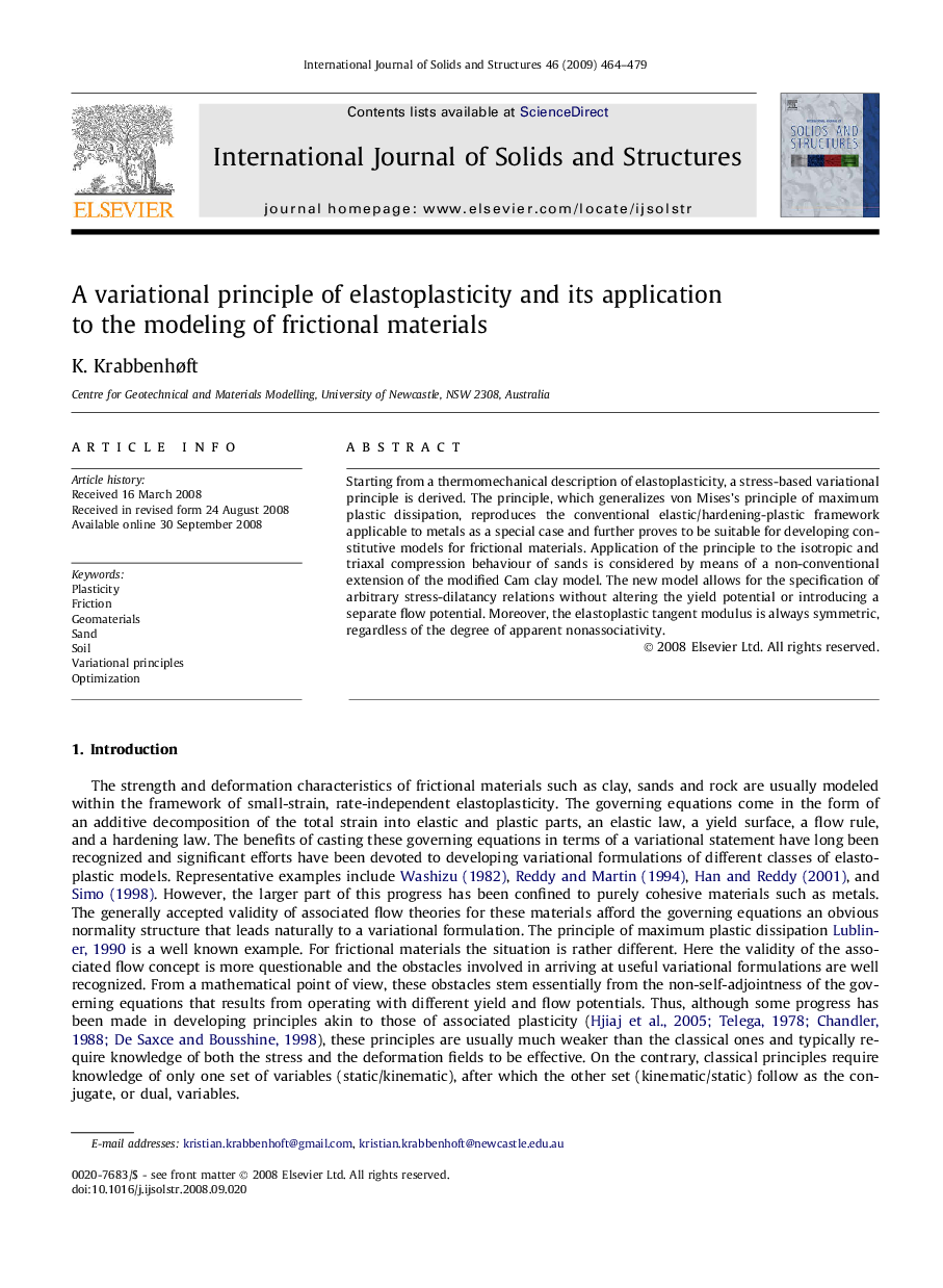 A variational principle of elastoplasticity and its application to the modeling of frictional materials