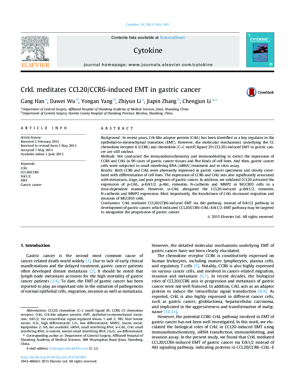 CrkL meditates CCL20/CCR6-induced EMT in gastric cancer