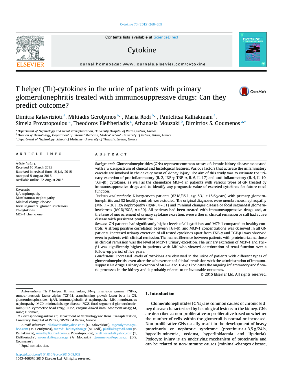 T helper (Th)-cytokines in the urine of patients with primary glomerulonephritis treated with immunosuppressive drugs: Can they predict outcome?