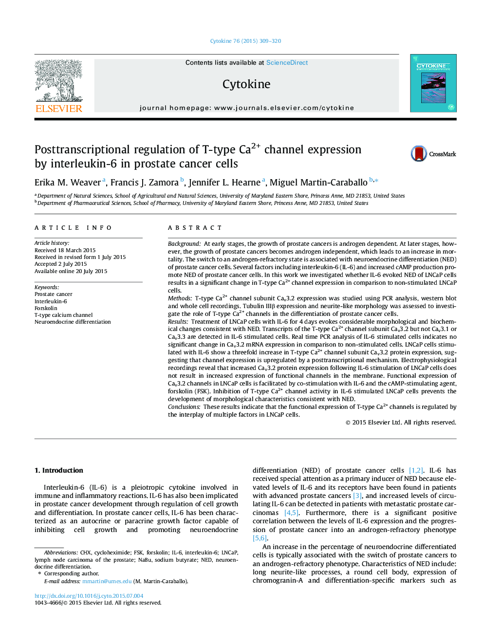 Posttranscriptional regulation of T-type Ca2+ channel expression by interleukin-6 in prostate cancer cells