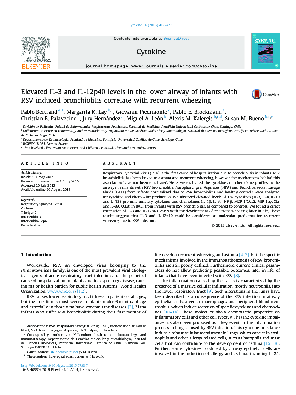 Elevated IL-3 and IL-12p40 levels in the lower airway of infants with RSV-induced bronchiolitis correlate with recurrent wheezing