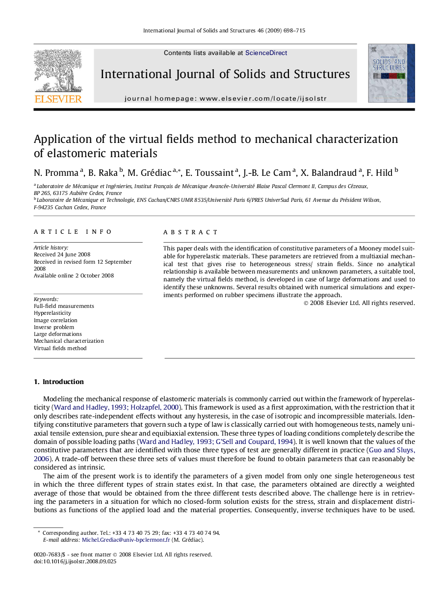 Application of the virtual fields method to mechanical characterization of elastomeric materials