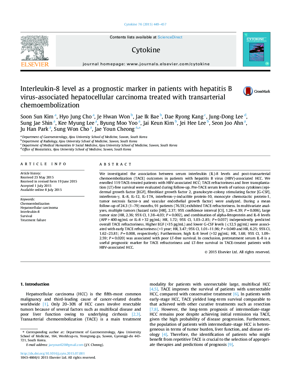 Interleukin-8 level as a prognostic marker in patients with hepatitis B virus-associated hepatocellular carcinoma treated with transarterial chemoembolization