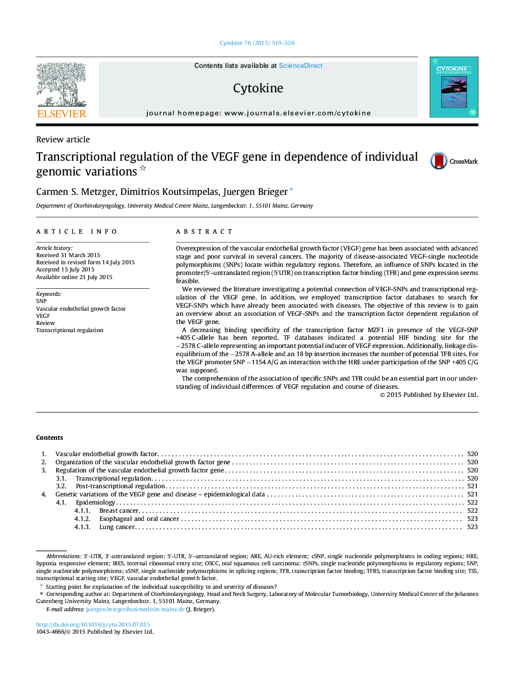 Transcriptional regulation of the VEGF gene in dependence of individual genomic variations 