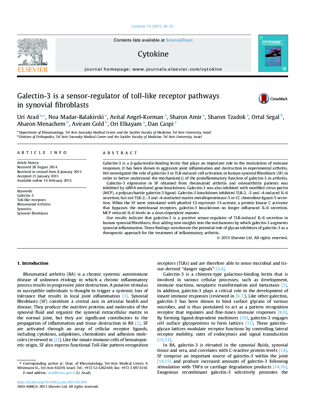 Galectin-3 is a sensor-regulator of toll-like receptor pathways in synovial fibroblasts