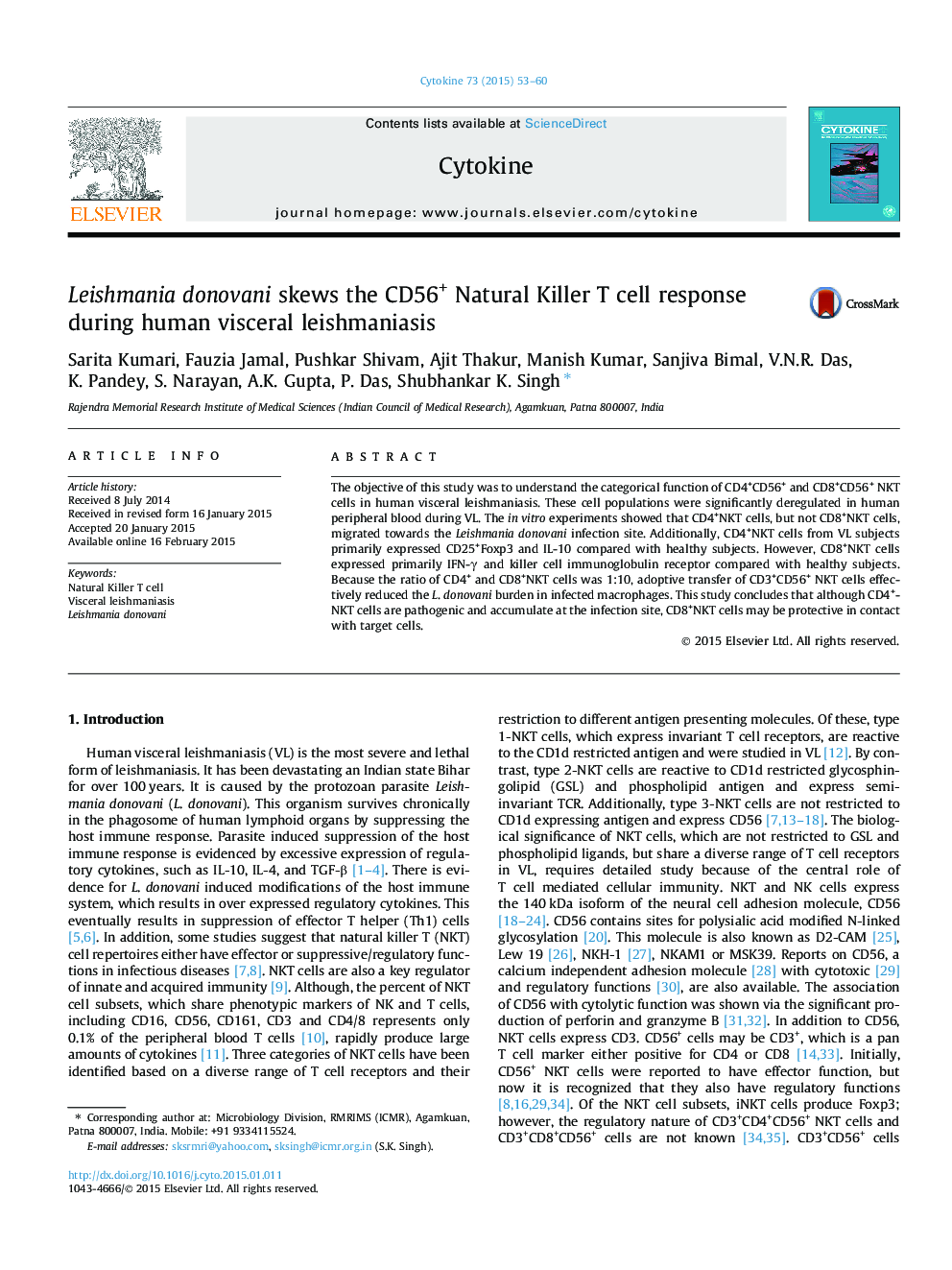 عکس صفحه اول مقاله: Leishmania donovani skews the CD56+ Natural Killer T cell response during human visceral leishmaniasis Leishmania donovani skews the CD56+ Natural Killer T cell response during human visceral leishmaniasis