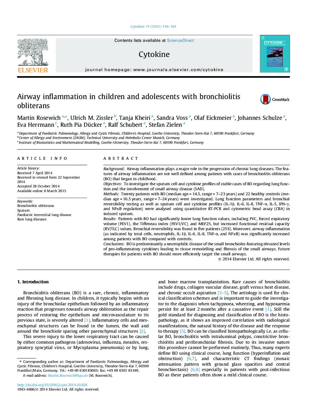 Airway inflammation in children and adolescents with bronchiolitis obliterans