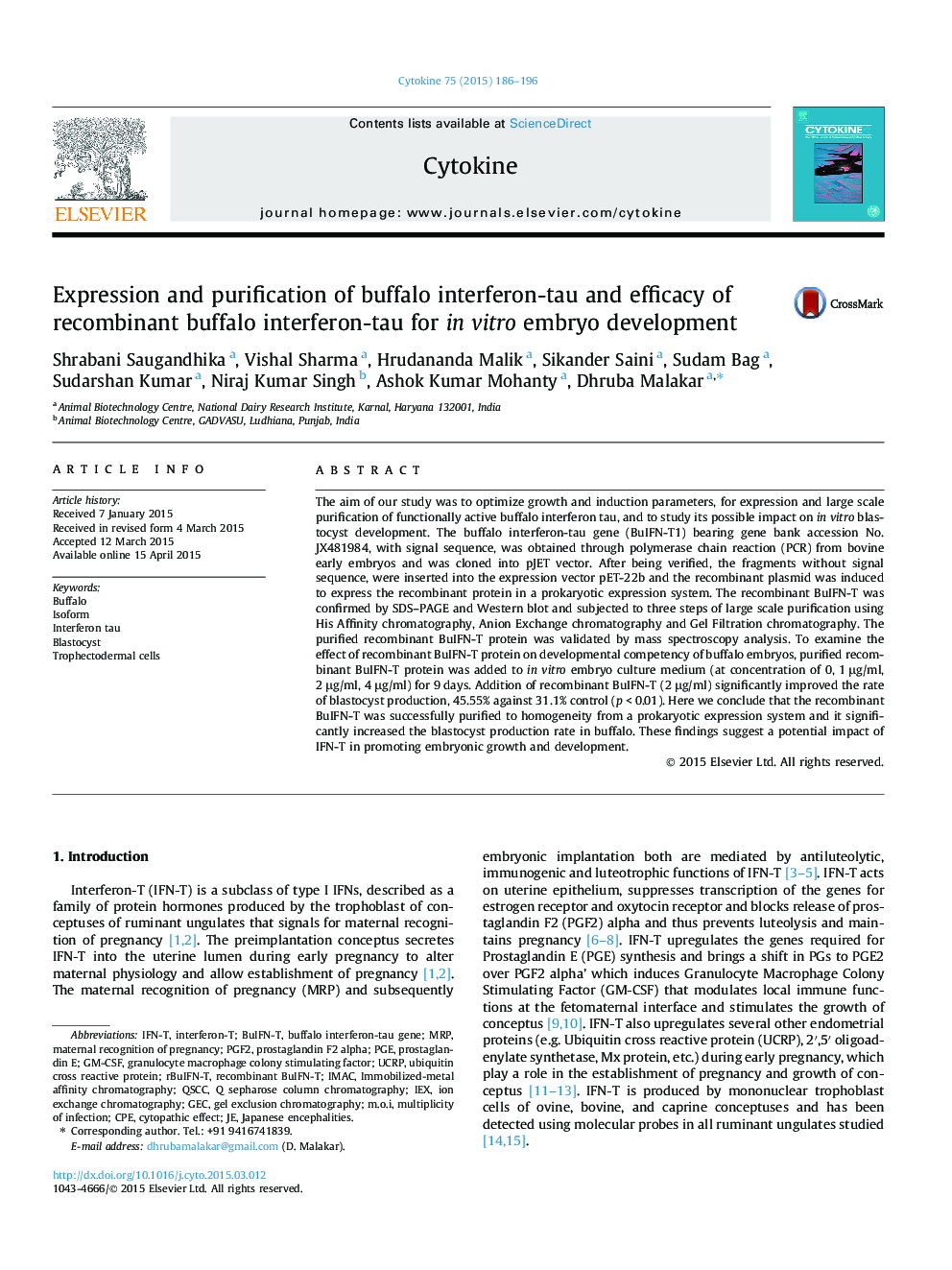 Expression and purification of buffalo interferon-tau and efficacy of recombinant buffalo interferon-tau for in vitro embryo development