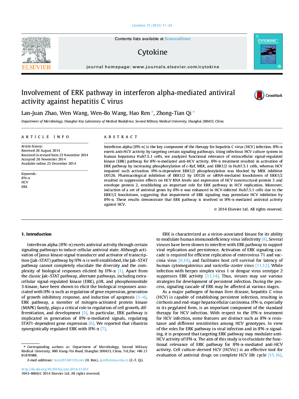 Involvement of ERK pathway in interferon alpha-mediated antiviral activity against hepatitis C virus