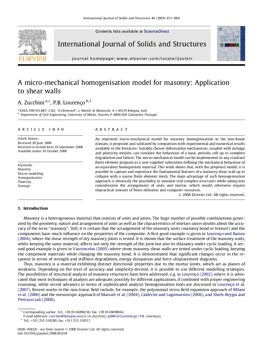 A micro-mechanical homogenisation model for masonry: Application to shear walls