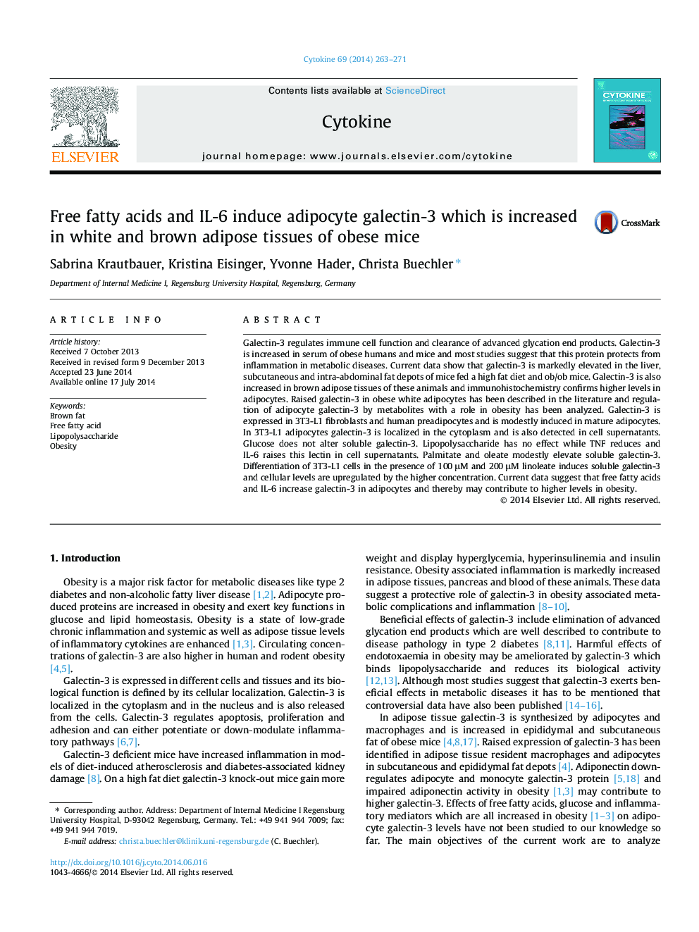 Free fatty acids and IL-6 induce adipocyte galectin-3 which is increased in white and brown adipose tissues of obese mice