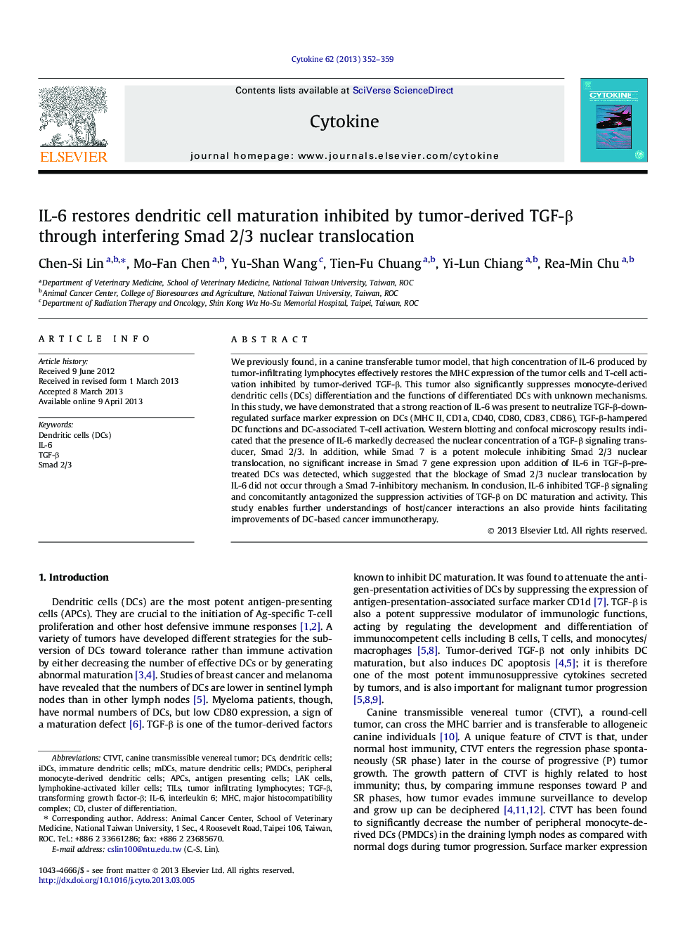 IL-6 restores dendritic cell maturation inhibited by tumor-derived TGF-β through interfering Smad 2/3 nuclear translocation