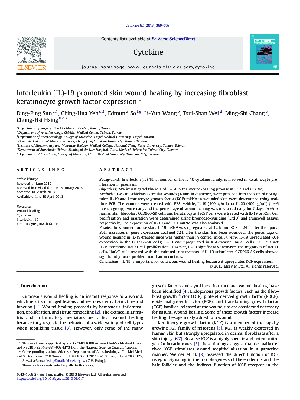 Interleukin (IL)-19 promoted skin wound healing by increasing fibroblast keratinocyte growth factor expression 