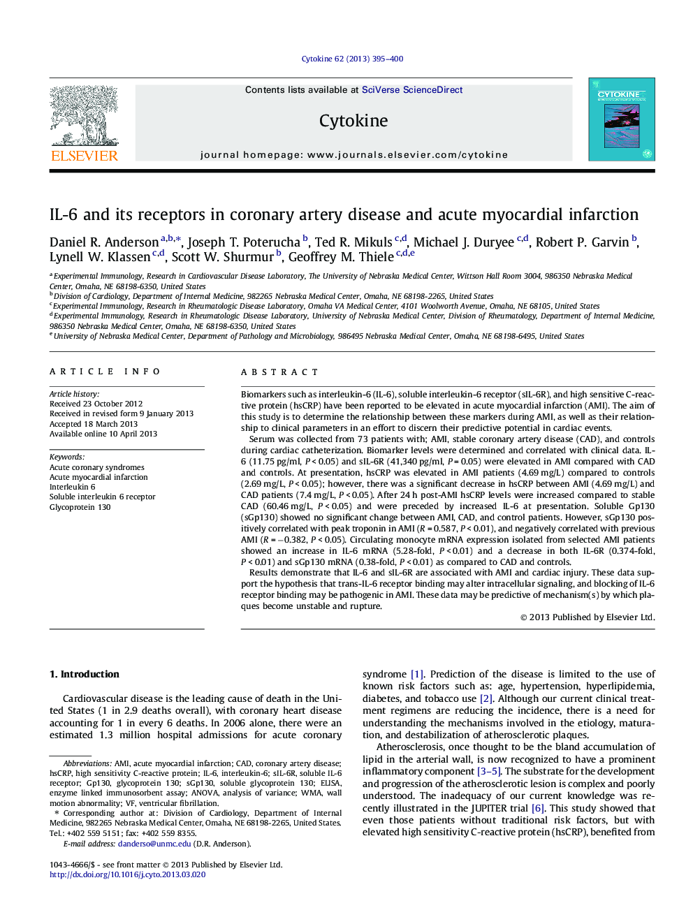 IL-6 and its receptors in coronary artery disease and acute myocardial infarction