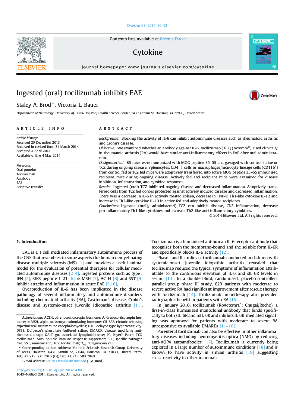 Ingested (oral) tocilizumab inhibits EAE