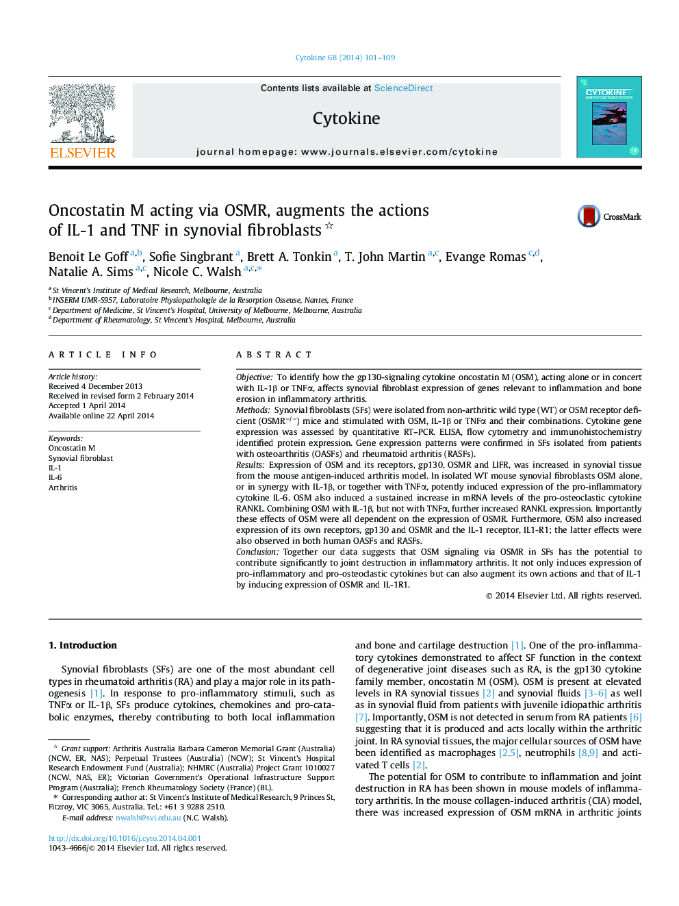 Oncostatin M acting via OSMR, augments the actions of IL-1 and TNF in synovial fibroblasts 