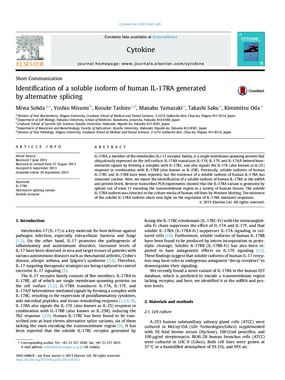 Identification of a soluble isoform of human IL-17RA generated by alternative splicing