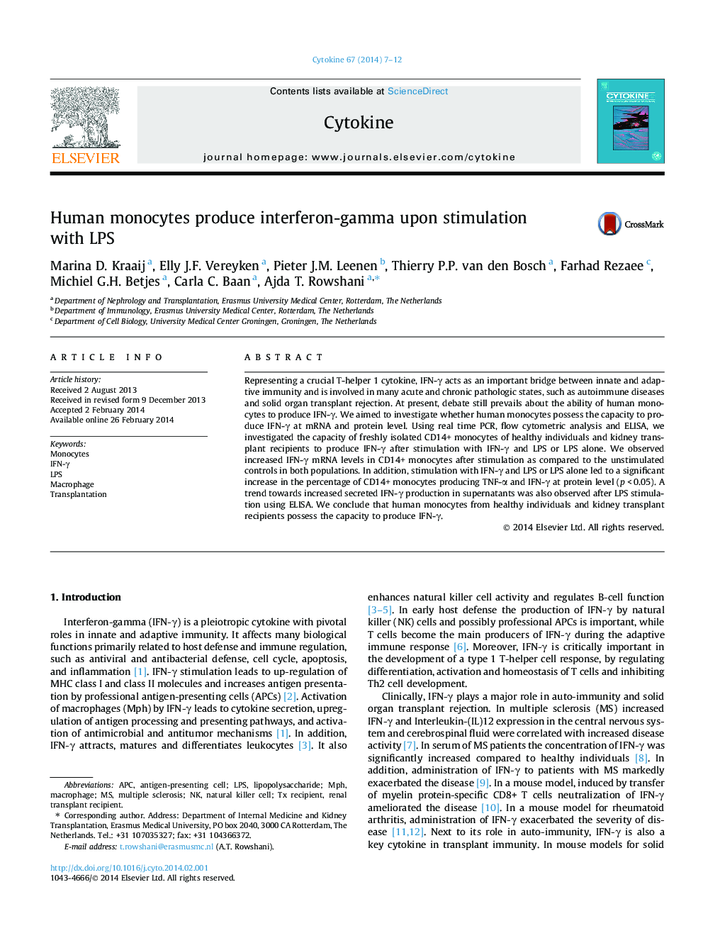 Human monocytes produce interferon-gamma upon stimulation with LPS