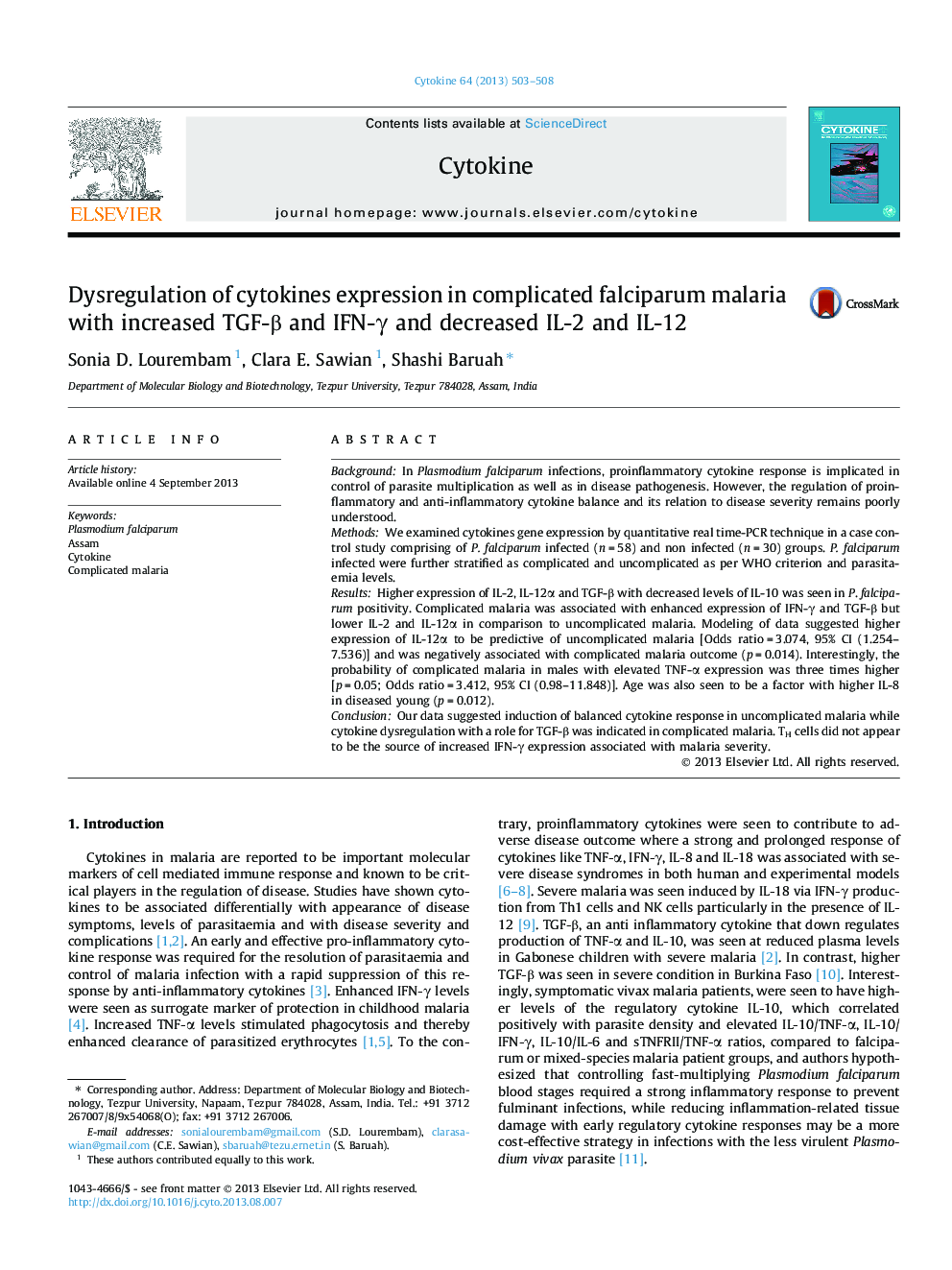 Dysregulation of cytokines expression in complicated falciparum malaria with increased TGF-β and IFN-γ and decreased IL-2 and IL-12