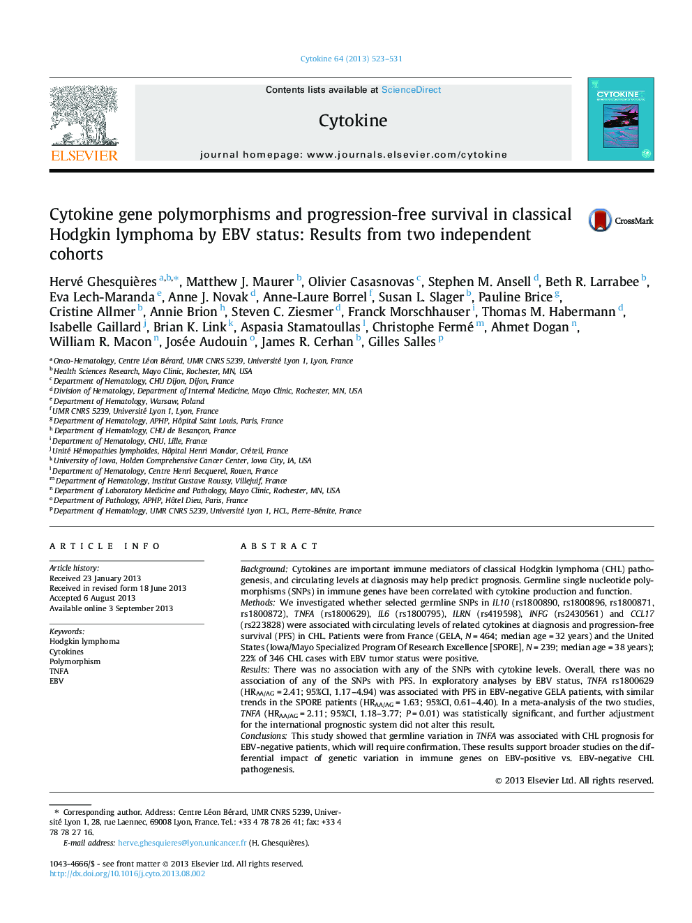 Cytokine gene polymorphisms and progression-free survival in classical Hodgkin lymphoma by EBV status: Results from two independent cohorts