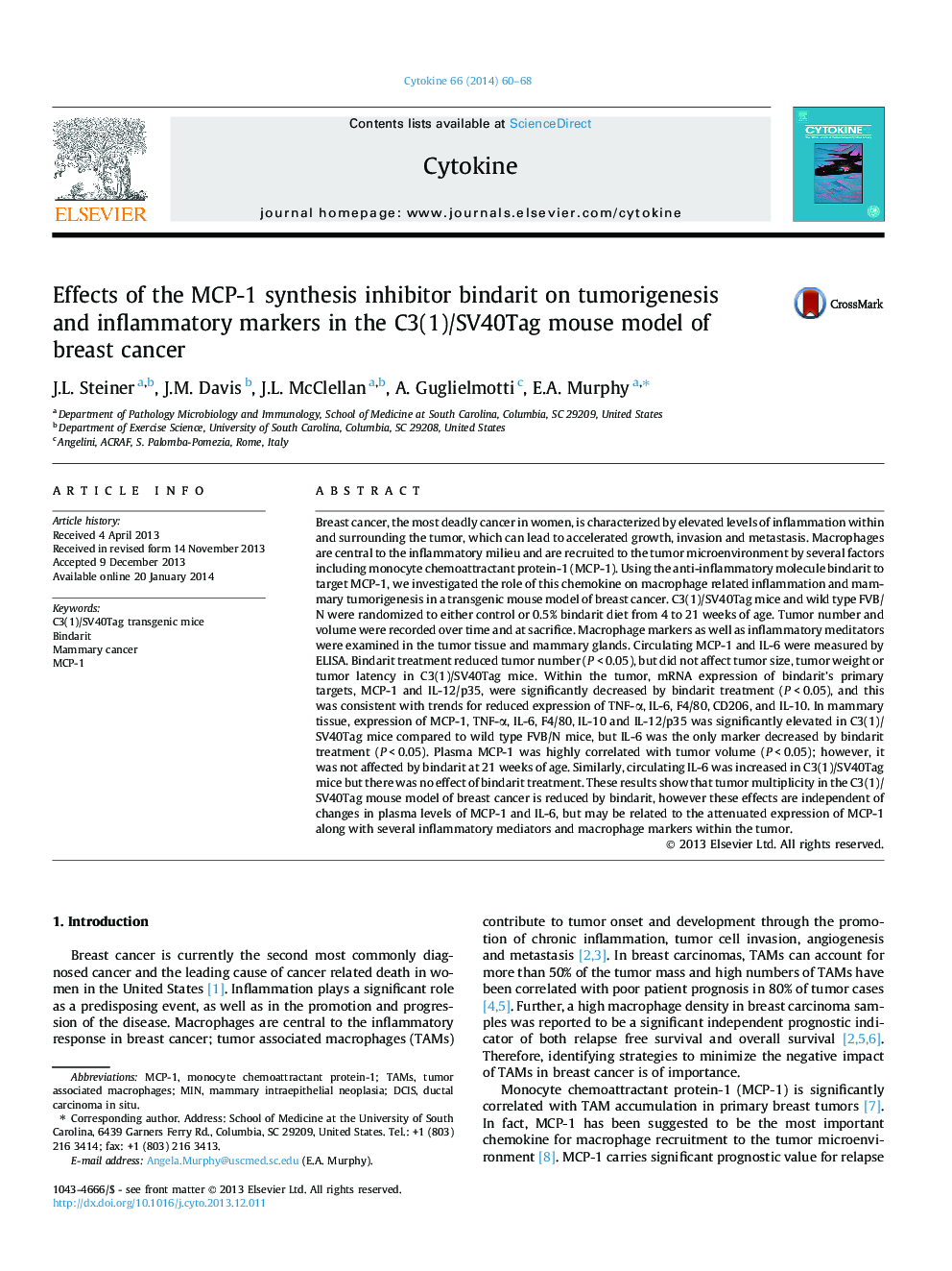 Effects of the MCP-1 synthesis inhibitor bindarit on tumorigenesis and inflammatory markers in the C3(1)/SV40Tag mouse model of breast cancer