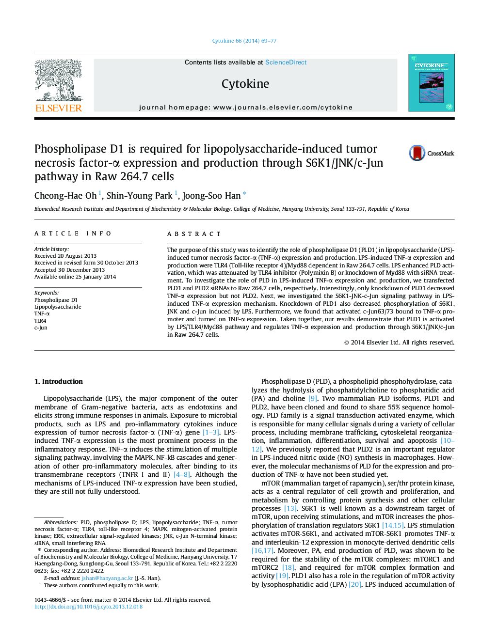 عکس صفحه اول مقاله: Phospholipase D1 is required for lipopolysaccharide-induced tumor necrosis factor-α expression and production through S6K1/JNK/c-Jun pathway in Raw 264.7 cells Phospholipase D1 is required for lipopolysaccharide-induced tumor necrosis factor-α expression and production through S6K1/JNK/c-Jun pathway in Raw 264.7 cells