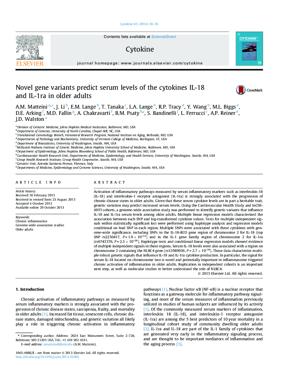 Novel gene variants predict serum levels of the cytokines IL-18 and IL-1ra in older adults