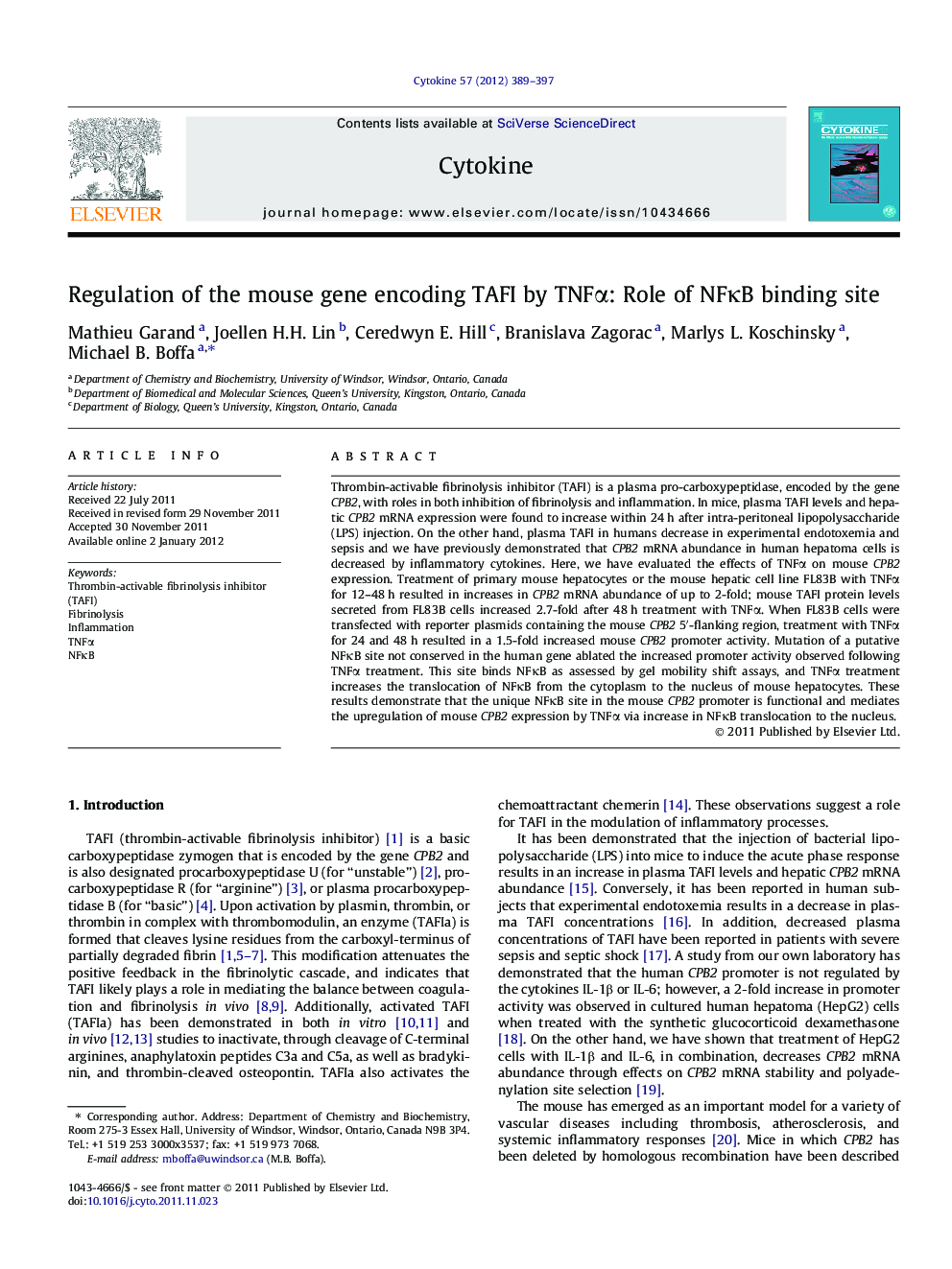 Regulation of the mouse gene encoding TAFI by TNFÎ±: Role of NFÎºB binding site