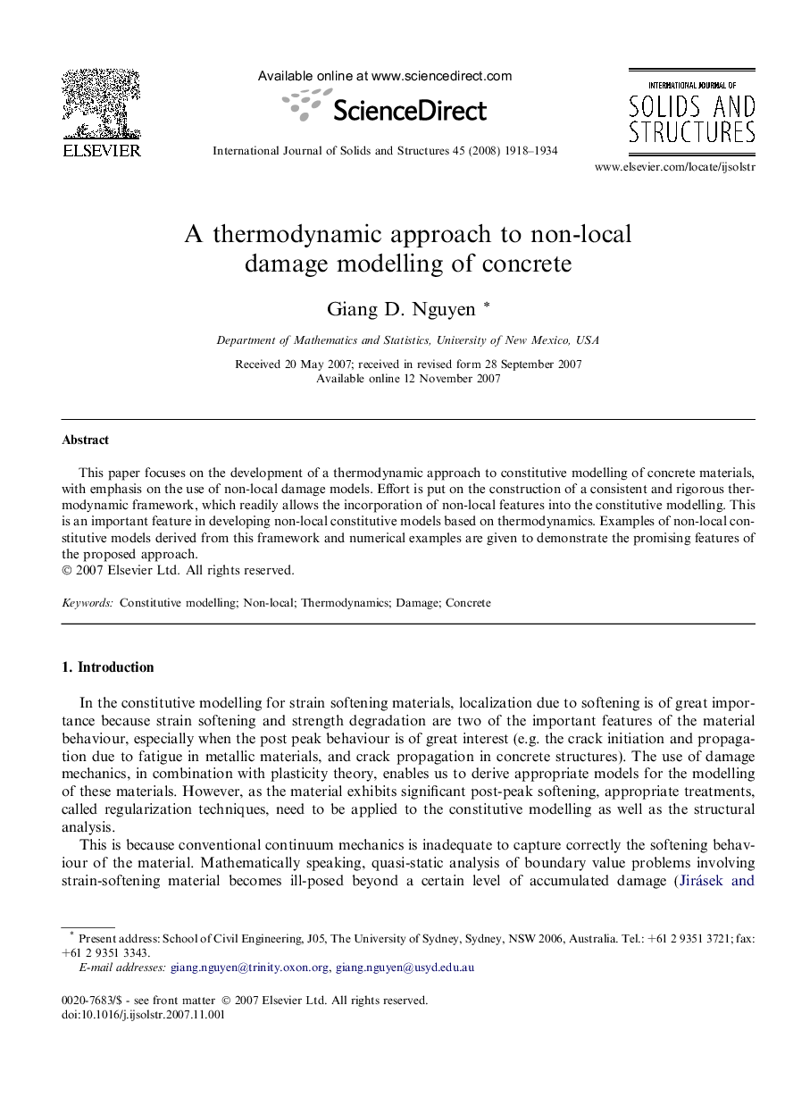 A thermodynamic approach to non-local damage modelling of concrete