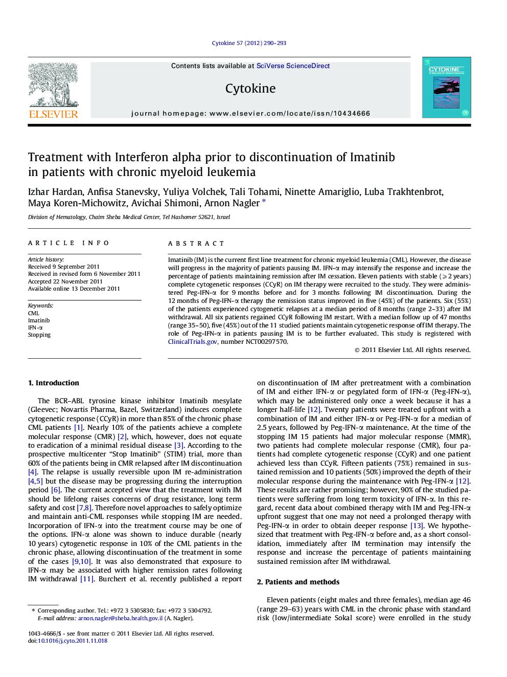 Treatment with Interferon alpha prior to discontinuation of Imatinib in patients with chronic myeloid leukemia