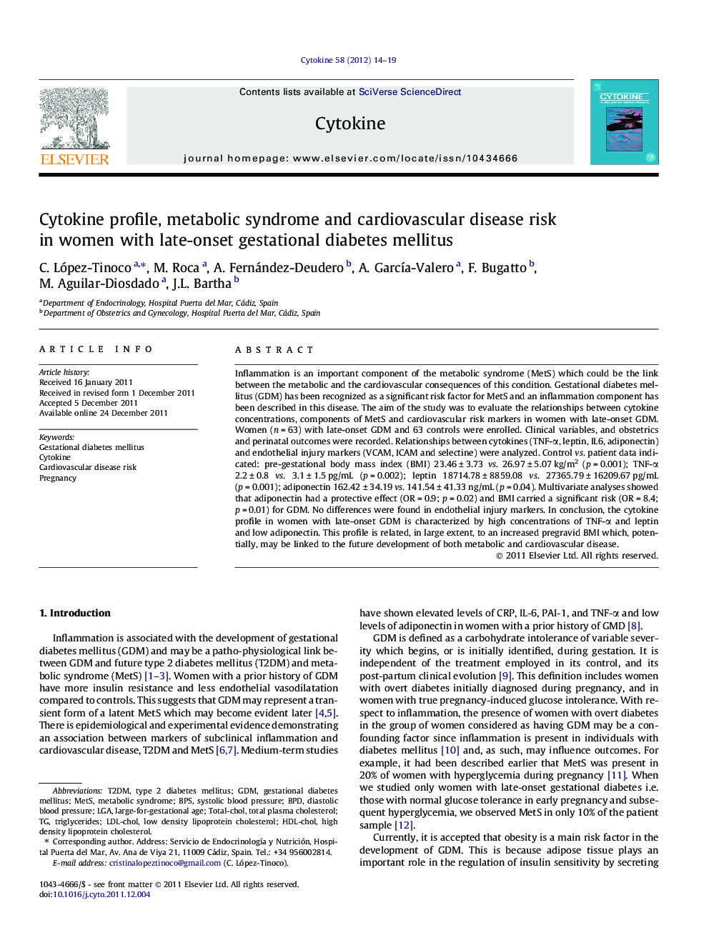 Cytokine profile, metabolic syndrome and cardiovascular disease risk in women with late-onset gestational diabetes mellitus