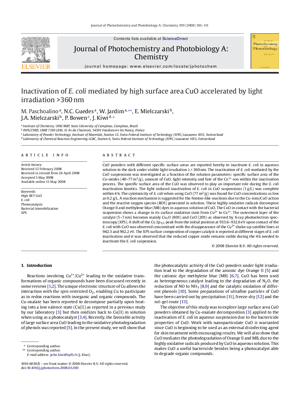 Inactivation of E. coli mediated by high surface area CuO accelerated by light irradiation >360 nm