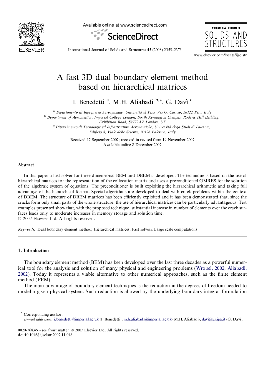 A fast 3D dual boundary element method based on hierarchical matrices