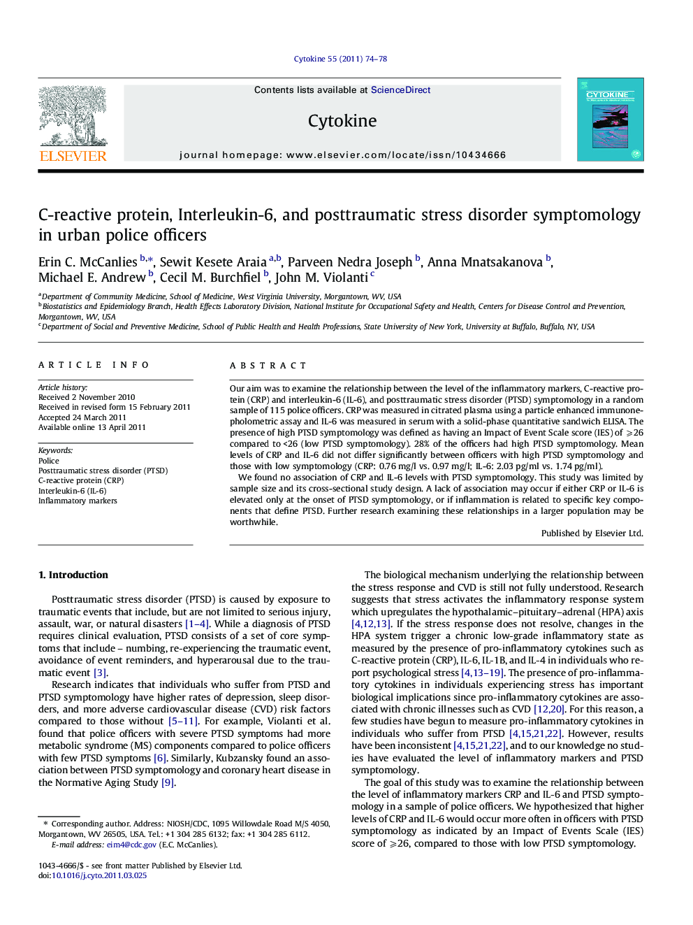 C-reactive protein, Interleukin-6, and posttraumatic stress disorder symptomology in urban police officers