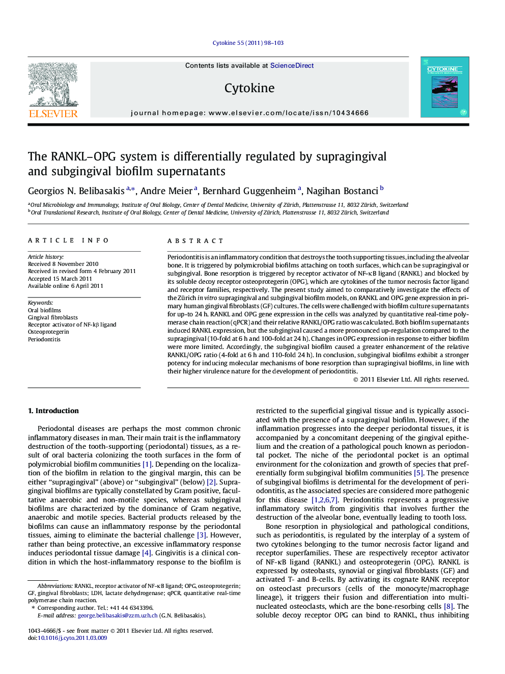 The RANKL–OPG system is differentially regulated by supragingival and subgingival biofilm supernatants